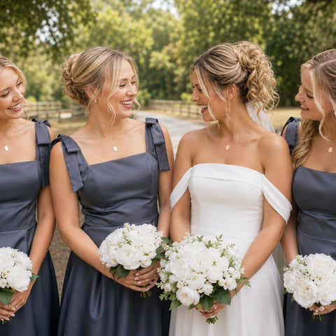Smiling bride with her bridesmaids, all wearing matching personalized necklaces from KinMarked's Bridal Party Gifts collection